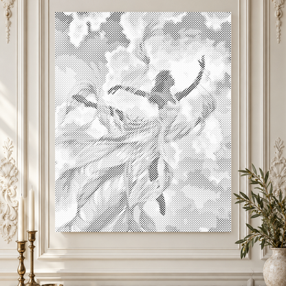 Gratie in de wind, een stippenschilderij van een dansende vrouw, van dichtbij tegen sierlijke ivoorkleurige wandpanelen.
